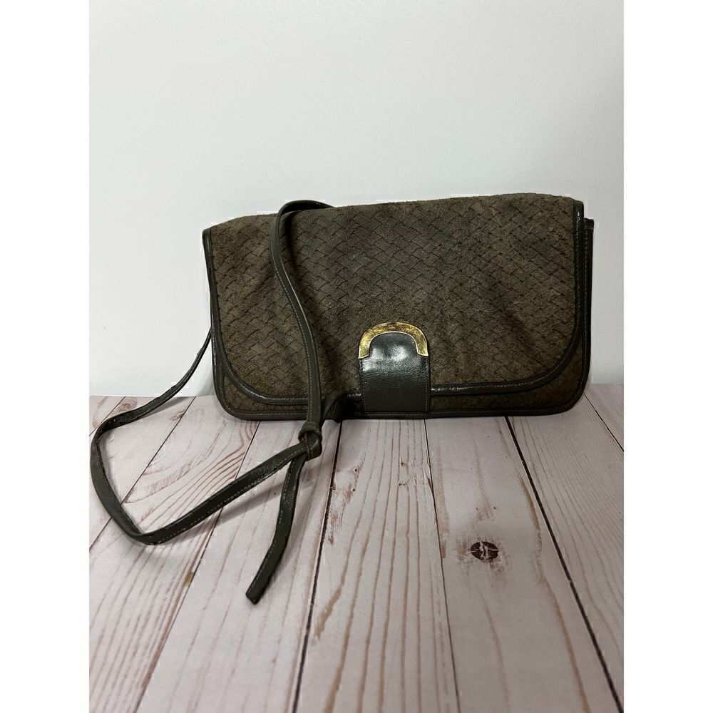 Etra Vintage Gray Suede Crosshatch Gold Detail Crossbody Purse